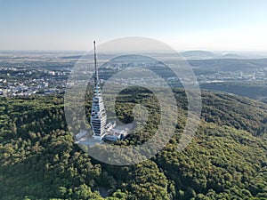 Aerial view of the TV tower of Bratislava, Slovakia on a sunny day