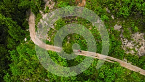 Aerial view of twisting road among the forest