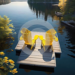 Aerial view of two chairs on a wooden dock by a serene lake on a sunny summer morning.