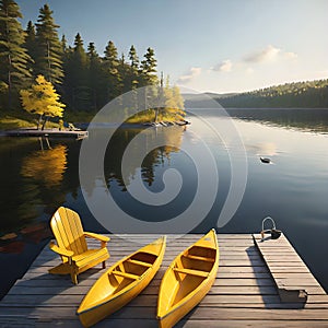 Aerial view of two chairs on a wooden dock by a serene lake on a sunny summer morning.