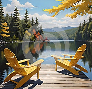 Aerial view of two chairs on a wooden dock by a serene lake on a sunny summer morning.