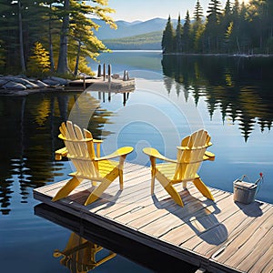 Aerial view of two chairs on a wooden dock by a serene lake on a sunny summer morning.