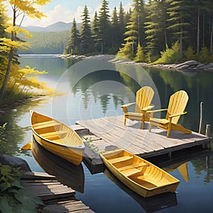 Aerial view of two chairs on a wooden dock by a serene lake on a sunny summer morning.