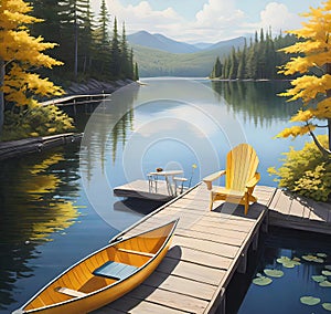 Aerial view of two chairs on a wooden dock by a serene lake on a sunny summer morning.