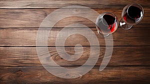 Aerial View Of Two Glasses Of Red Wine On Wooden Table