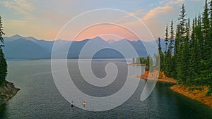 Aerial view of two paddle boarders on Hungry Horse Reservoir, MT