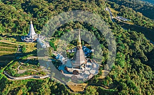 Aerial view of two pagoda on the top of Inthanon mountain in doi Inthanon national park Chiang Mai Thailand.
