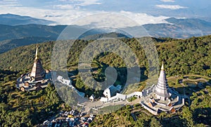 Aerial view of two pagoda on the top of Inthanon mountain in doi Inthanon national park Chiang Mai Thailand.