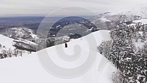 Aerial view of two people standing and admiring snow panorama. Drone view of man and woman looking around, on the
