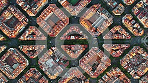 Aerial view of typical buildings of Barcelona cityscape. Eixample residential famous urban grid. (Catalonia, Spain)