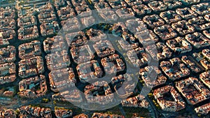 Aerial view of typical buildings of Barcelona cityscape. Eixample urban grid