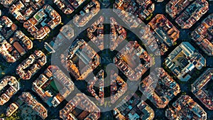 Aerial view of typical buildings of Barcelona cityscape. Eixample urban grid