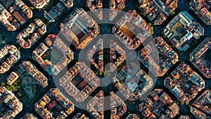 Aerial view of typical buildings of Barcelona cityscape. Eixample urban grid