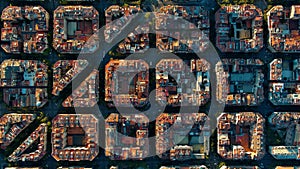 Aerial view of typical buildings of Barcelona cityscape. Eixample urban grid