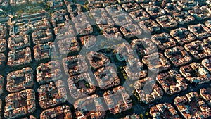 Aerial view of typical buildings of Barcelona cityscape. Eixample urban grid