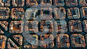 Aerial view of typical buildings of Barcelona cityscape. Eixample urban grid