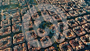 Aerial view of typical buildings of Barcelona cityscape. Eixample urban grid