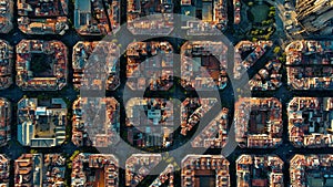 Aerial view of typical buildings of Barcelona cityscape. Eixample urban grid