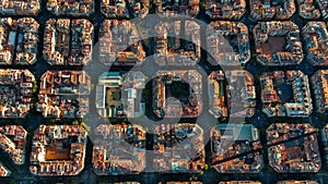 Aerial view of typical buildings of Barcelona cityscape. Eixample urban grid