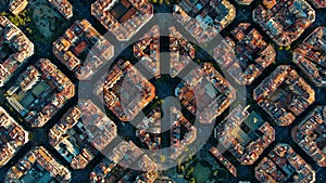 Aerial view of typical buildings of Barcelona cityscape. Eixample urban grid