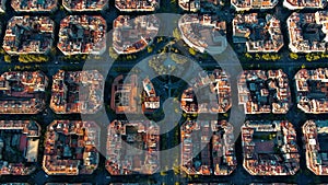 Aerial view of typical buildings of Barcelona cityscape. Eixample urban grid