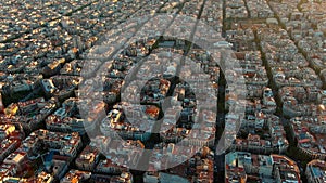 Aerial view of typical buildings of Barcelona cityscape. Eixample urban grid