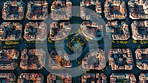 Aerial view of typical buildings of Barcelona cityscape. Eixample urban grid