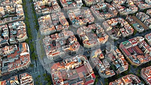 Aerial view of typical buildings of Barcelona cityscape. Eixample urban grid