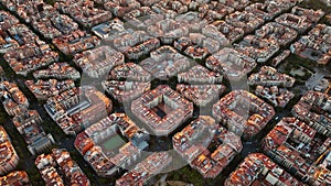 Aerial view of typical buildings of Barcelona cityscape. Eixample urban grid