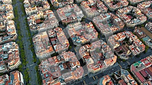 Aerial view of typical buildings of Barcelona cityscape. Eixample urban grid