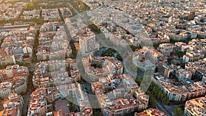 Aerial view of typical buildings of Barcelona cityscape. Eixample urban grid