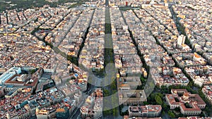 Aerial view of typical buildings of Barcelona cityscape. Eixample urban grid