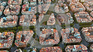 Aerial view of typical buildings of Barcelona cityscape. Eixample urban grid