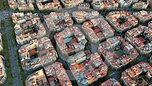 Aerial view of typical buildings of Barcelona cityscape. Eixample urban grid