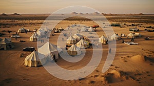 Aerial view of typical desert camp conducts desert safari tours