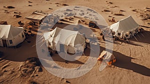 Aerial view of typical desert camp conducts desert safari tours
