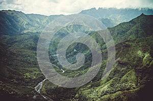 Aerial view of typical peaks near Napali Coast in Kauai, US