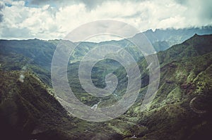 Aerial view of typical peaks near Napali Coast in Kauai, US