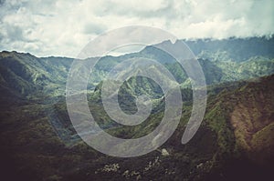 Aerial view of typical peaks near Napali Coast in Kauai, US