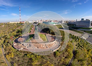 Aerial view on Ufa and Salavat Yulaev monument