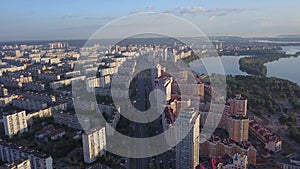 Aerial view of Ukraine's capital Kiev. Overflight over the houses of the Obolon district in the summertime