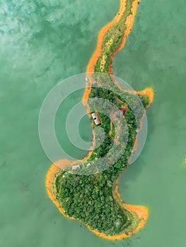 Aerial view of Ulu Kasok Riau tourist attraction, the Raja Ampat wannabe in Riau province, Sumatra island, Indonesia