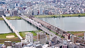 Aerial view from Umeda Sky Building on the Yodo River, Osaka, Japan