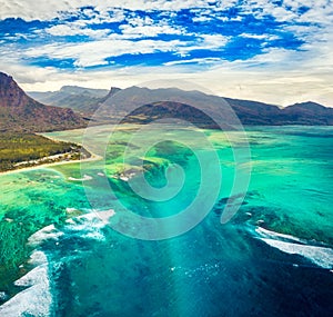 Aerial view of the underwater waterfall. Mauritius