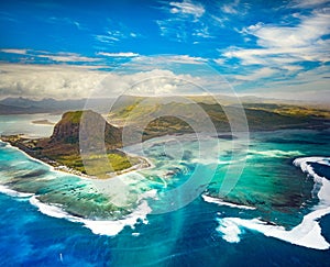 Aerial view of the underwater waterfall. Mauritius