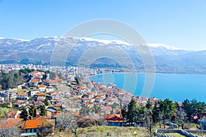 aerial view of unesco world heritage city ohrid in macedonia, fyrom taken from the top of fortress of tzar samuel