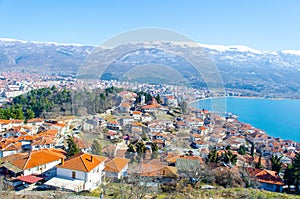 aerial view of unesco world heritage city ohrid in macedonia, fyrom taken from the top of fortress of tzar samuel