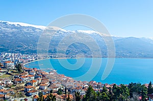 aerial view of unesco world heritage city ohrid in macedonia, fyrom taken from the top of fortress of tzar samuel