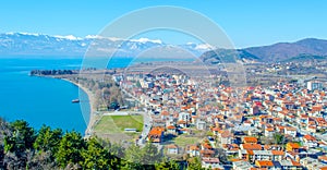 aerial view of unesco world heritage city ohrid in macedonia, fyrom taken from the top of fortress of tzar samuel