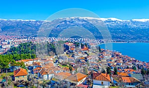 aerial view of unesco world heritage city ohrid in macedonia, fyrom taken from the top of fortress of tzar samuel